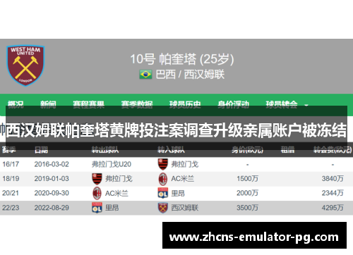 西汉姆联帕奎塔黄牌投注案调查升级亲属账户被冻结