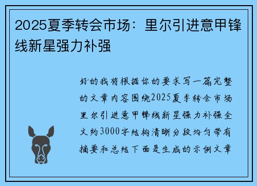2025夏季转会市场：里尔引进意甲锋线新星强力补强