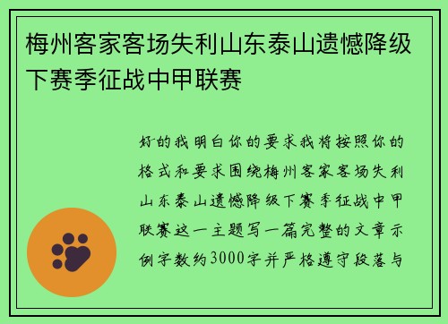 梅州客家客场失利山东泰山遗憾降级下赛季征战中甲联赛