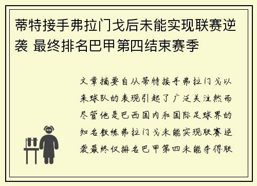 蒂特接手弗拉门戈后未能实现联赛逆袭 最终排名巴甲第四结束赛季